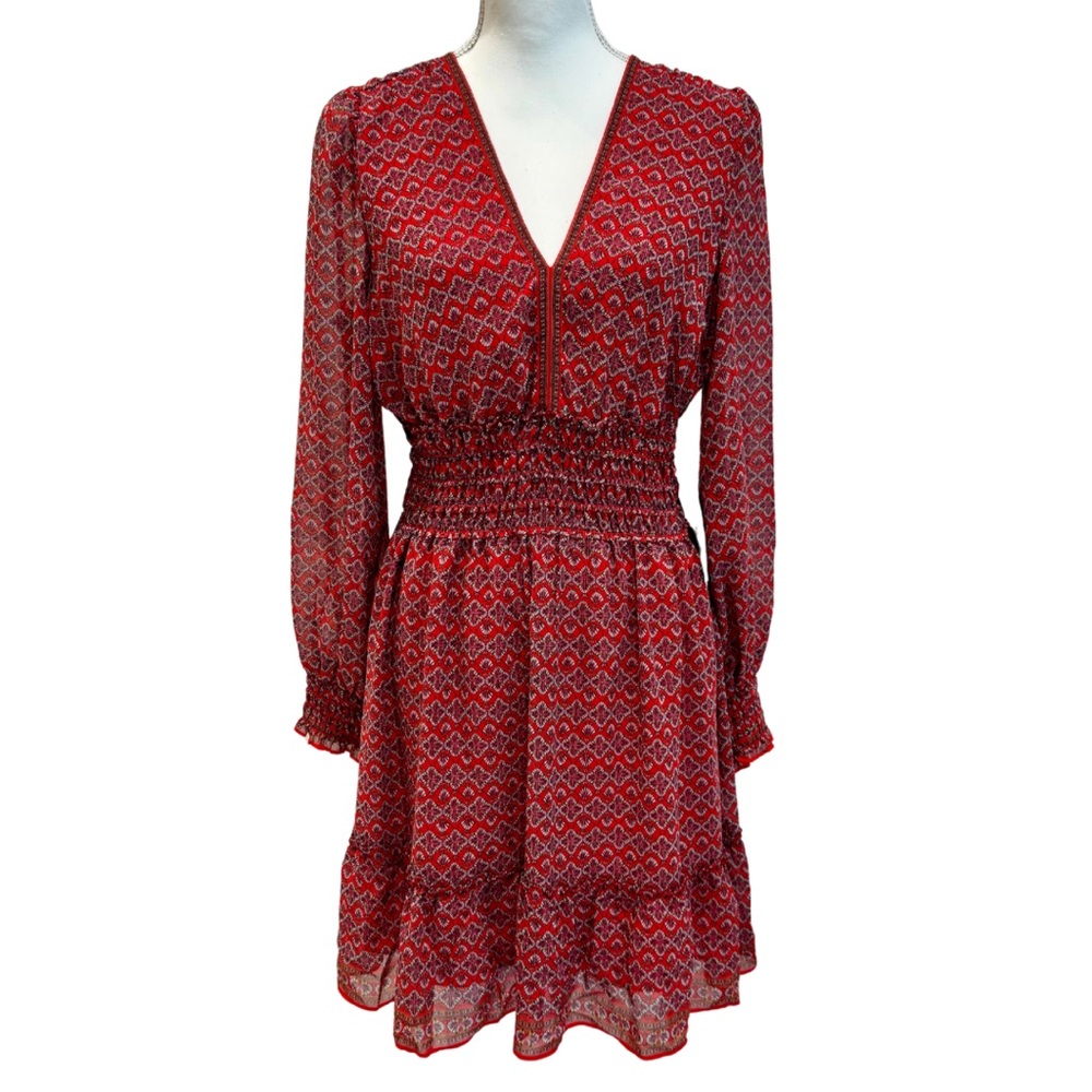 NWT Max Studio Red Boho Long Sleeve Mini Dress | Sheer Long Sleeves (L)